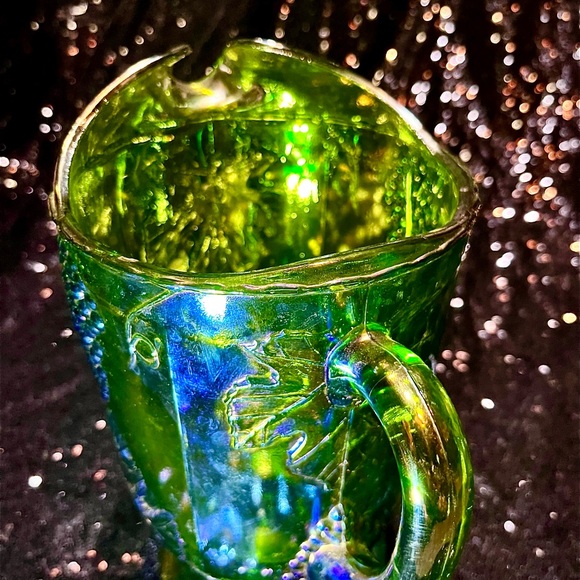 Vintage Carnival Glass Pitcher Harvesting EmeraldGreen to Blue Iridescent - Picture 9 of 12